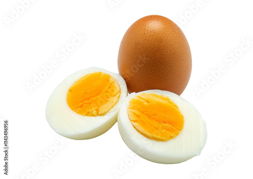 Single whole boiled egg with halved egg isolated on a transparent or white background
