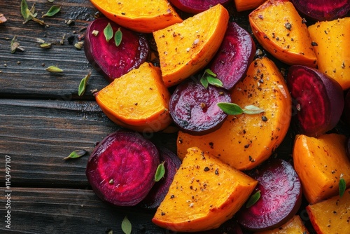 Roasted beets and pumpkin slices seasoned with herbs. Perfect for fall recipes, blogs, or healthy eating content. photo