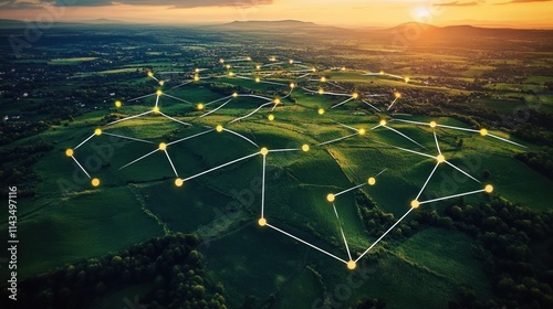 Aerial View of Land Connectivity and Development Planning with Network Markers