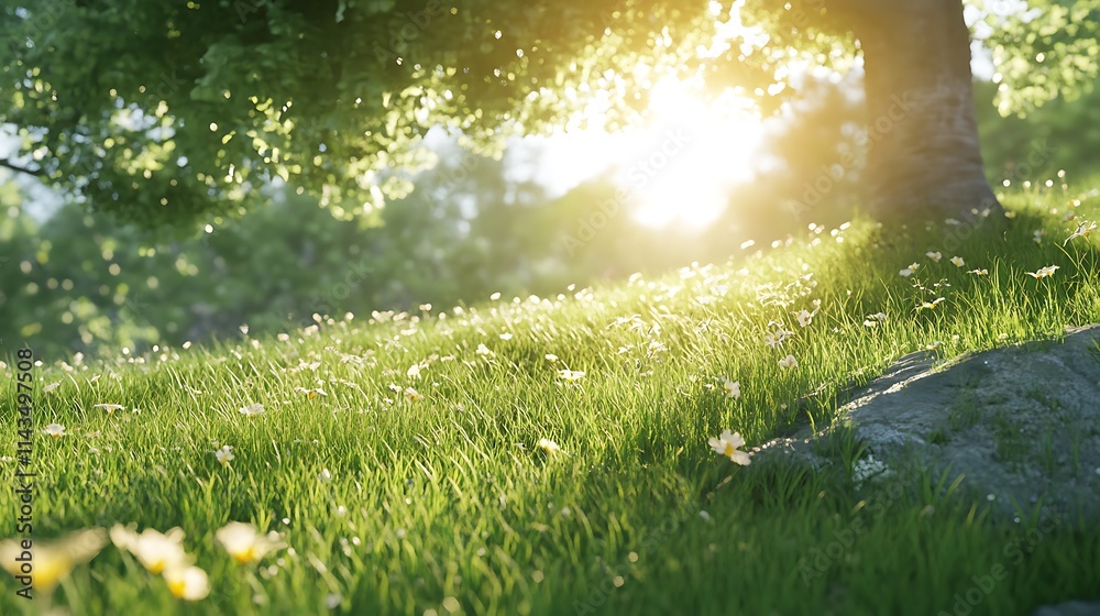 Obraz premium Sunlight Streaming Through Trees in Grassy Meadow Close-Up Photo. AI Generated