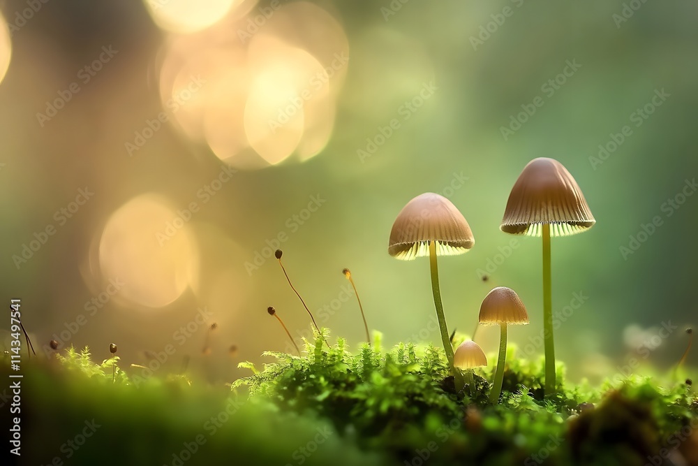Close-up of green moss and tiny mushrooms on a forest floor, illuminated by a soft green and brown bokeh background Close-up of green moss and tiny mushrooms on a forest floor, illuminated by a soft green and brown bokeh background
