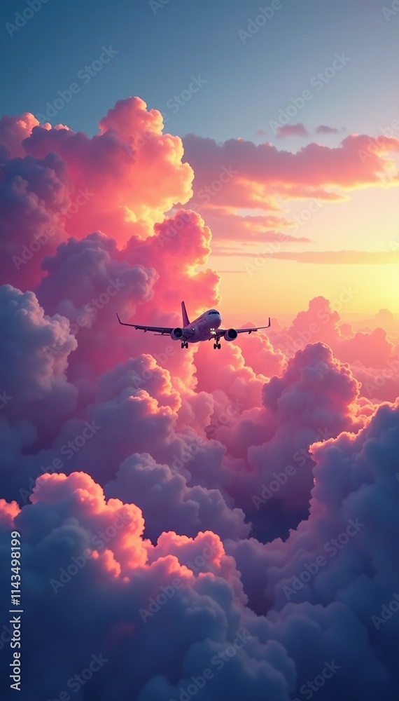 Fototapeta premium Airplane descends through fluffy pink clouds at dusk, weather, airplane