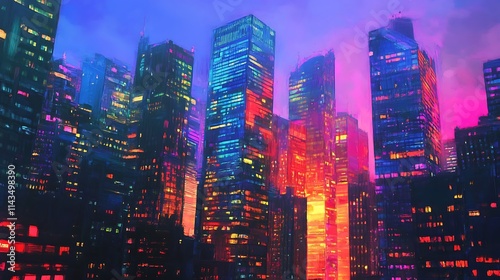 Nighttime city buildings brightly glow digital painting futuristic style. AI Generated