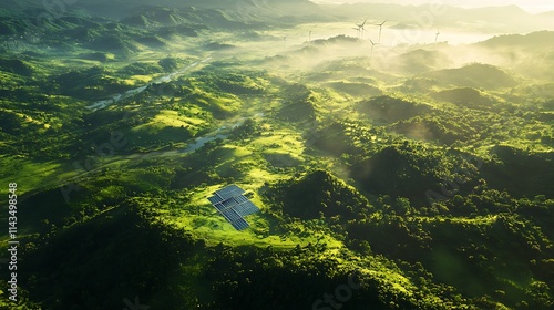 Golden Hour Aerial View of Lush Green Hills and Valleys. AI Generated