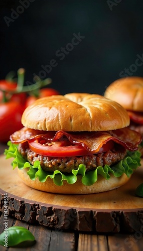 A juicy BLT sandwich made with crispy bacon, fresh lettuce, and ripe tomatoes on a rustic wooden tablecloth, food, home, juicy