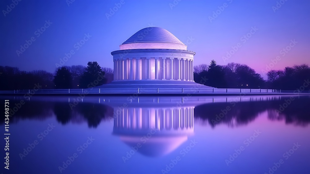 Obraz premium Glowing white building reflected sharply in still evening water wide shot photo. AI Generated