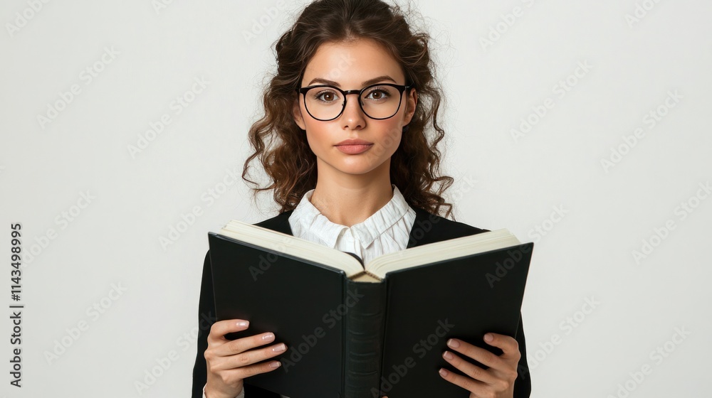 A teacher holding a large hardcover reference book in both hands, looking attentive, isolated on white A teacher holding a large hardcover reference book in both hands, looking attentive, isolated on white