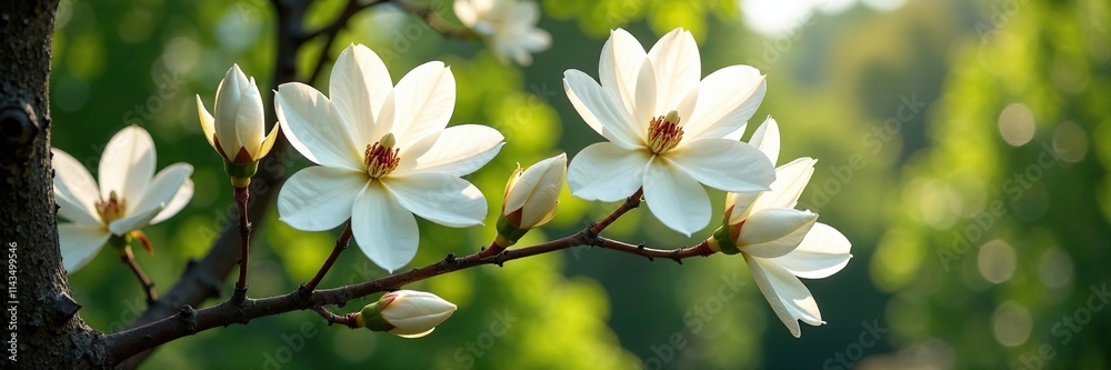 A large magnolia tree with white flowers blooming in a garden, garden bloom, flowers in garden, white flowers A large magnolia tree with white flowers blooming in a garden, garden bloom, flowers in garden, white flowers