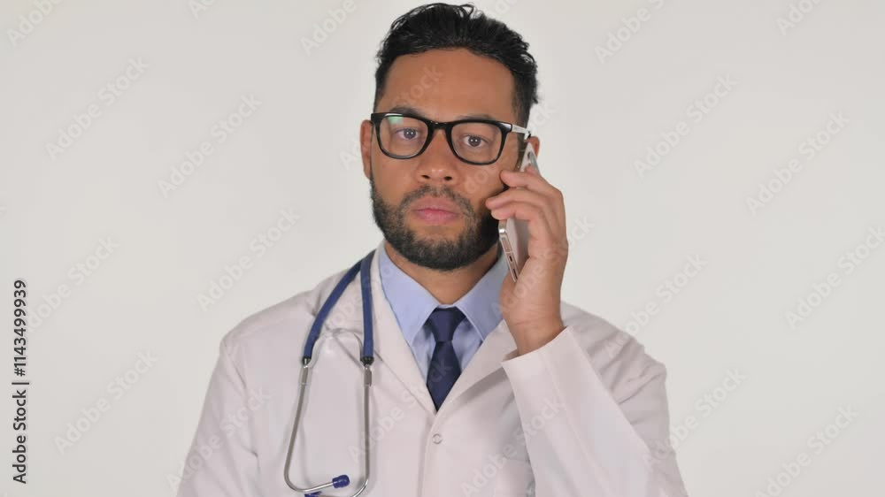 Portrait of Male Doctor Talking on phone on White Background Portrait of Male Doctor Talking on phone on White Background
