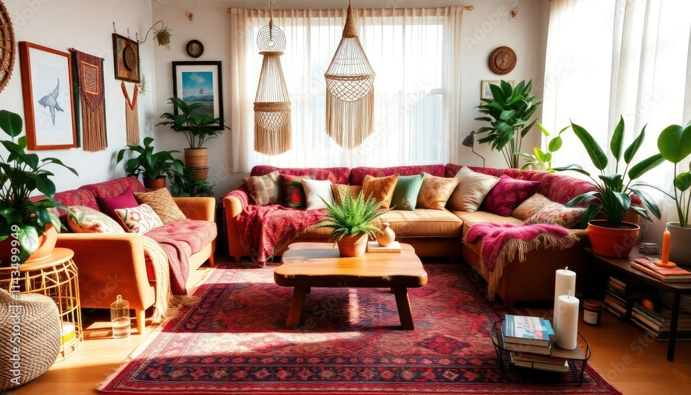 Obraz premium Bohemian Style - Living Room Interior Design with Bohemian Concept - Hotel Living Room Interior - Apartment Living Room Concept - Interior Design