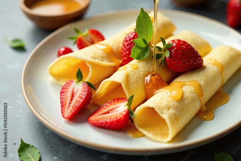 A light and healthy breakfast option featuring thin crepes with a drizzle of warm honey and fresh fruit, golden, crepes A light and healthy breakfast option featuring thin crepes with a drizzle of warm honey and fresh fruit, golden, crepes