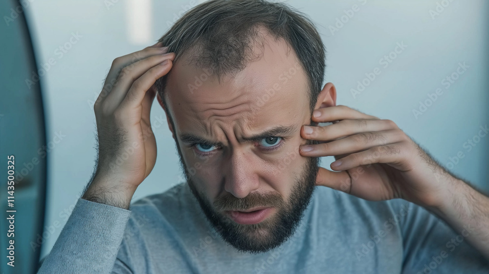 a man examining his thinning hair in a mirror, natural light highlighting the scalp. a man examining his thinning hair in a mirror, natural light highlighting the scalp.