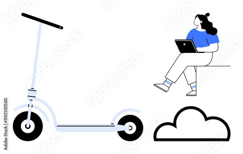 Woman seated on ledge working on laptop, blue shirt, white pants, black hair, beside scooter and cloud. Ideal for remote work, urban commuting, tech, sustainability, productivity, modern lifestyle