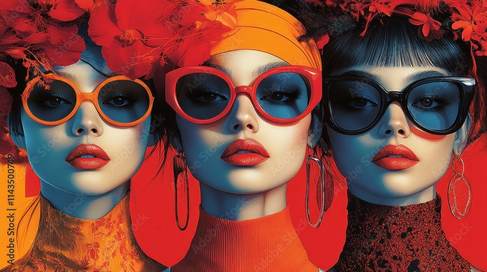 Obraz premium Three stylish women, red flowers, sunglasses.