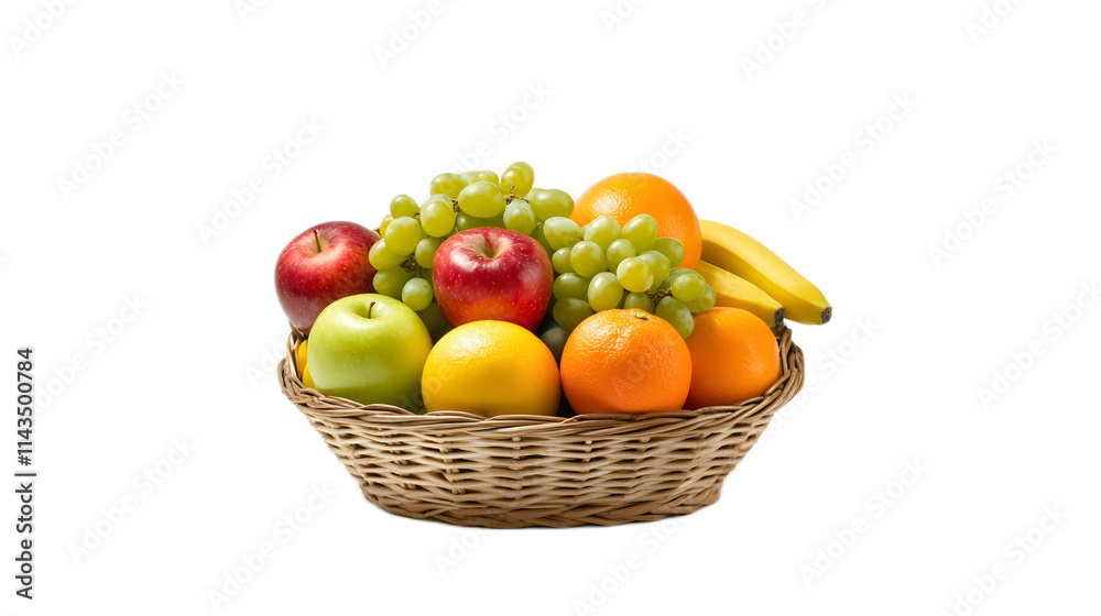 A vibrant assortment of fresh fruits in a wicker basket, including apples, grapes, oranges, bananas, and lemons A vibrant assortment of fresh fruits in a wicker basket, including apples, grapes, oranges, bananas, and lemons