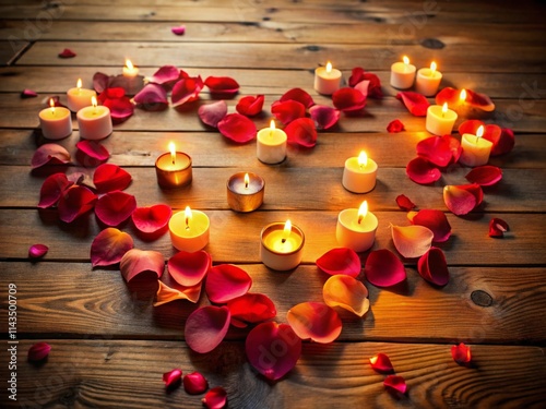 A candlelit scene with a heart-shaped arrangement of rose petals on a wooden floor, with soft light casting shadows and creating a cozy ambiance