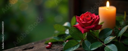 A lone red rose nestled among lush greenery and lit by warm candle glow, vintage, rustic