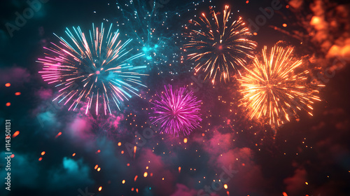 Vibrant Fireworks Display with Volumetric Smoke and Cinematic Bokeh Effects. photo
