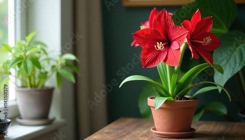 Amaryllis Hippeastrum exotic Sybister Quito in a pot, potted plant, indoor flowers, flowering plants photo