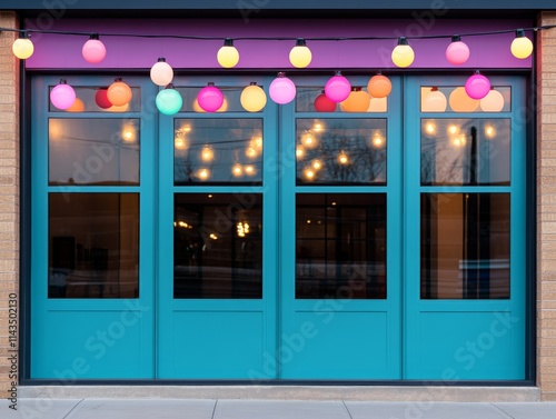 A vibrant storefront with teal doors and colorful hanging lanterns, creating a welcoming and festive atmosphere. photo