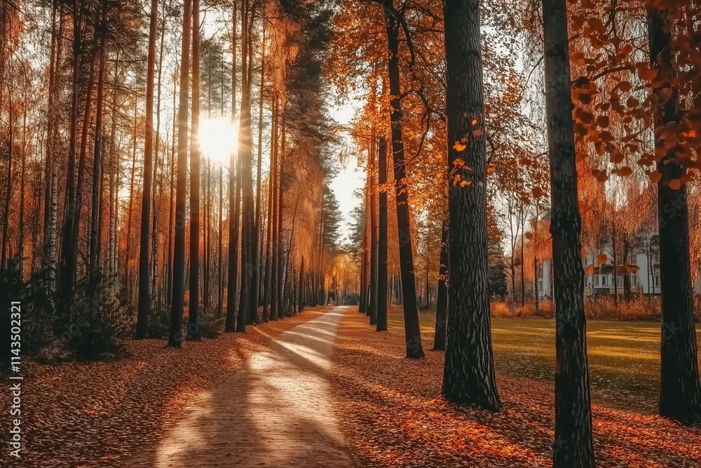 Obraz premium Enchanting Autumn Forest Path Bathed in Golden Sunlight by Generative AI