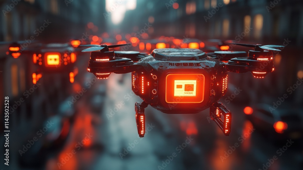 Futuristic drone, city night, red lights. Futuristic drone, city night, red lights.