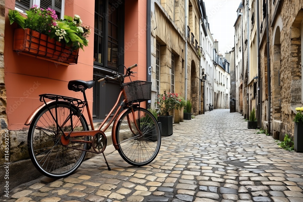 Rustic Bicycle on Cobblestone Street in Quaint Alleyway by Generative AI Rustic Bicycle on Cobblestone Street in Quaint Alleyway by Generative AI
