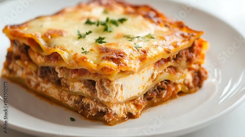 Delicious lasagna close-up photo on white plate. AI Generated