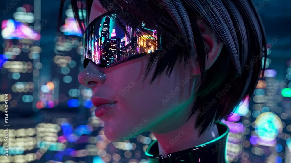 Cyberpunk Woman, Glowing Eyes, Holographic Mask on Urban Nightscape for Digital Art