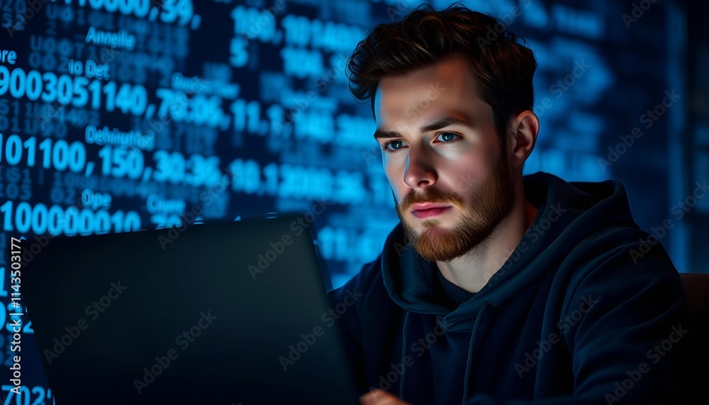 Hacker in a Hoodie: Front View Amidst a Dark Blue Digital Matrix Hacker in a Hoodie: Front View Amidst a Dark Blue Digital Matrix