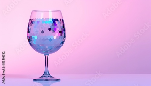 Wine Glass with Glittering Disco Ball Design Against a Soft Gradient Backdrop