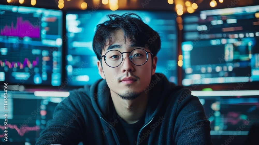 Young Asian Professional Analyzing Crypto Trends in Modern Office Setting with Digital Screens Young Asian Professional Analyzing Crypto Trends in Modern Office Setting with Digital Screens
