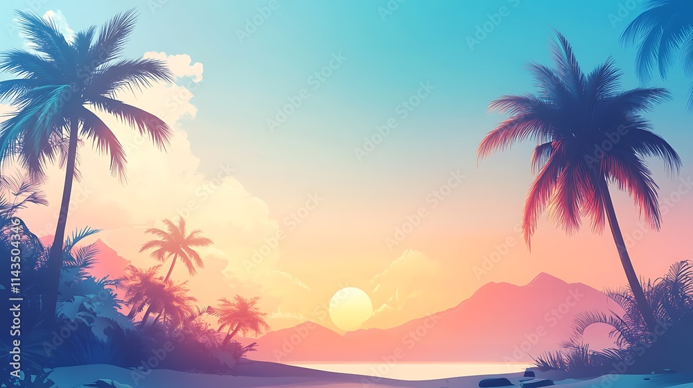 Fototapeta premium Vibrant sunset digital painting tropical landscape fantasy-inspired artwork. AI Generated