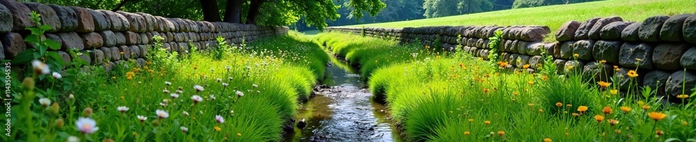 Ancient stone walls enclose a small creek that winds its way through a lush meadow with overgrown grass and wildflowers, grasses, natural