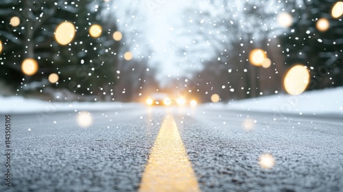 Serene Snowy Street with Glowing Lights and Winter Atmosphere