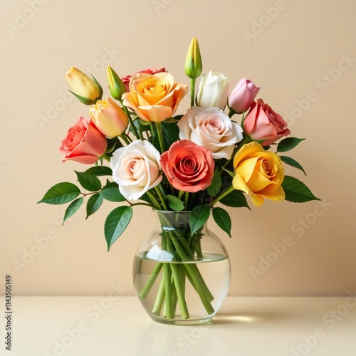 Wallpaper Mural An elegant arrangement of colorful roses and tulips in a modern glass vase with a neutral beige background, colored flowers, floral decoration Torontodigital.ca