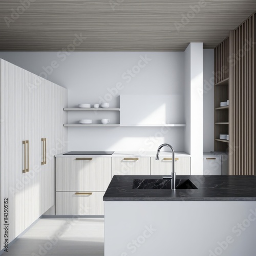 Minimalist kitchen design, white subway tile backsplash, black countertop, stainless steel sink, modern faucet, open shelving, white cabinetry, wooden accent wall, natural light, clean lines, contempo photo