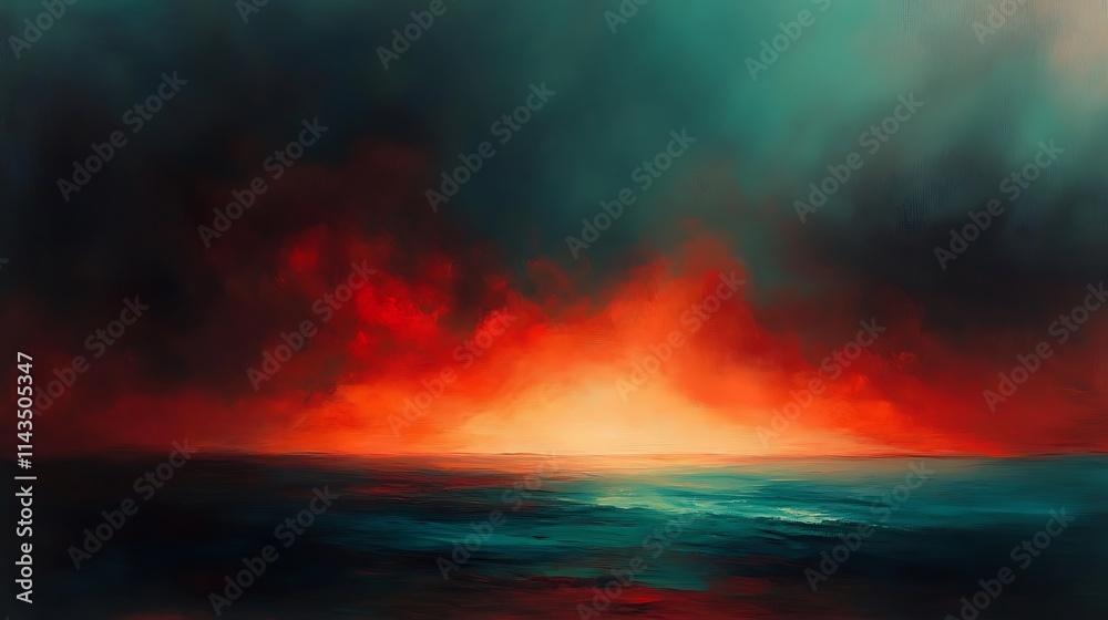 Fototapeta premium Fiery Sun Bursts Above Dark Sea Abstract Painting. AI Generated