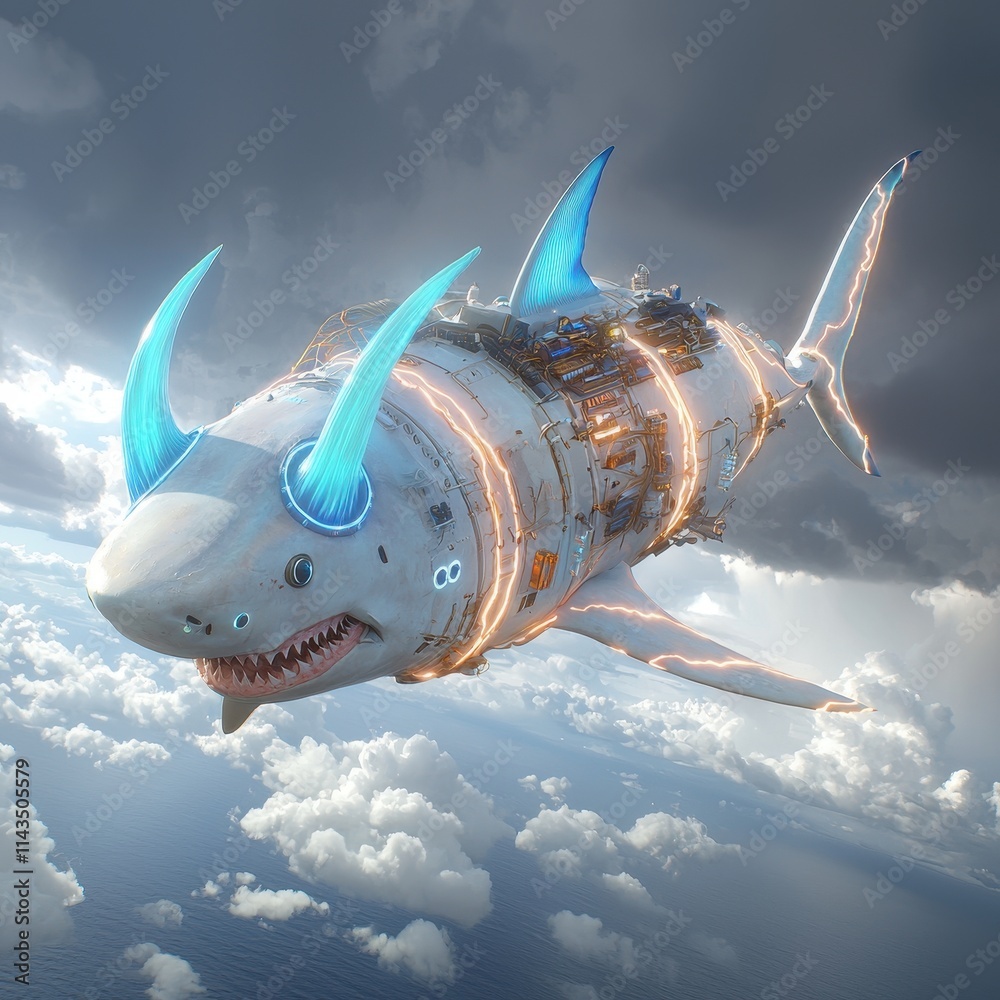 Obraz premium Futuristic Fish-Shaped Machine Swimming Through Cloudy Sky