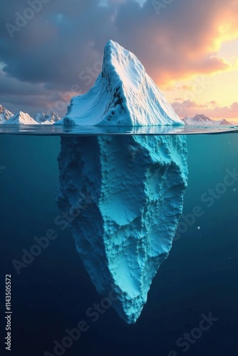 An iceberg's tip shining in the sunlight while its submerged part is dark and unknown, cold calculations, icy riches