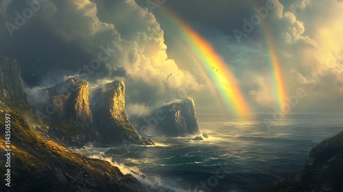 Double Rainbow Arcing Over Dramatic Coastal Cliffs - Digital Fantasy Landscape. AI Generated photo