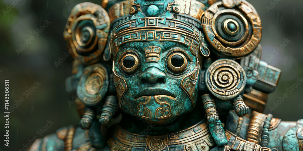 Close up of a bronze ancient Mayan-inspired robot, with aquamarine and dark green hues, generative AI