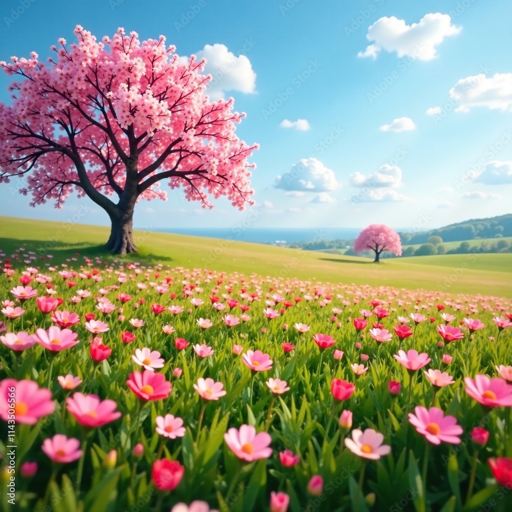 An open field filled with flovers and blooming almond trees in the background, spring flowers, alfalfa