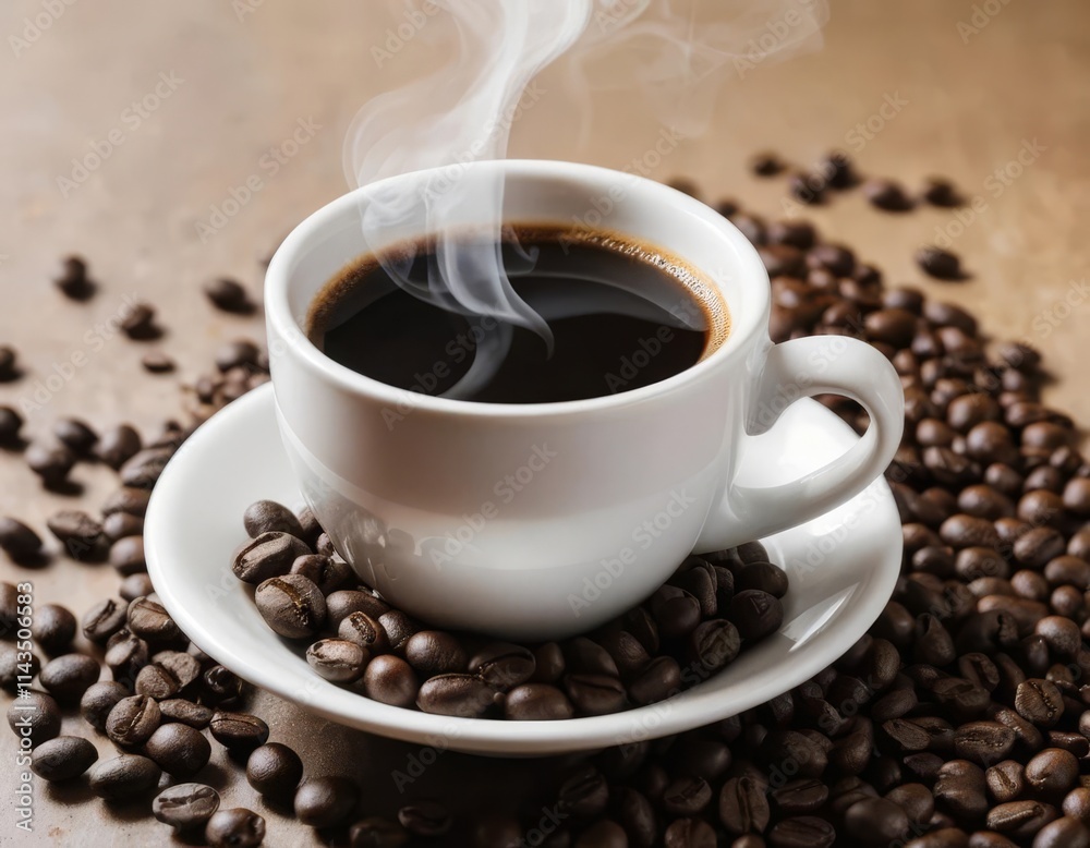 Steaming Cup of Coffee with Roasted Beans Steaming Cup of Coffee with Roasted Beans