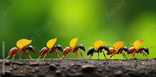 Ants are carrying leaves in a row on their backs, entomology, wildlife, insects photo