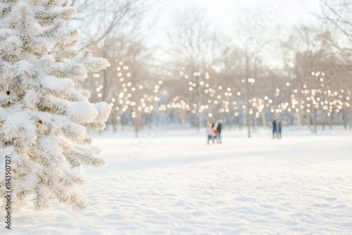 Winter Wonderland in Snowy Park with Families and Twinkling Lights