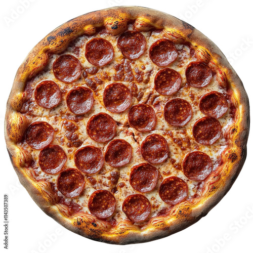 a perfectly cooked pepperoni pizza with a crispy crust and melted cheese. shot from a top-down perspective