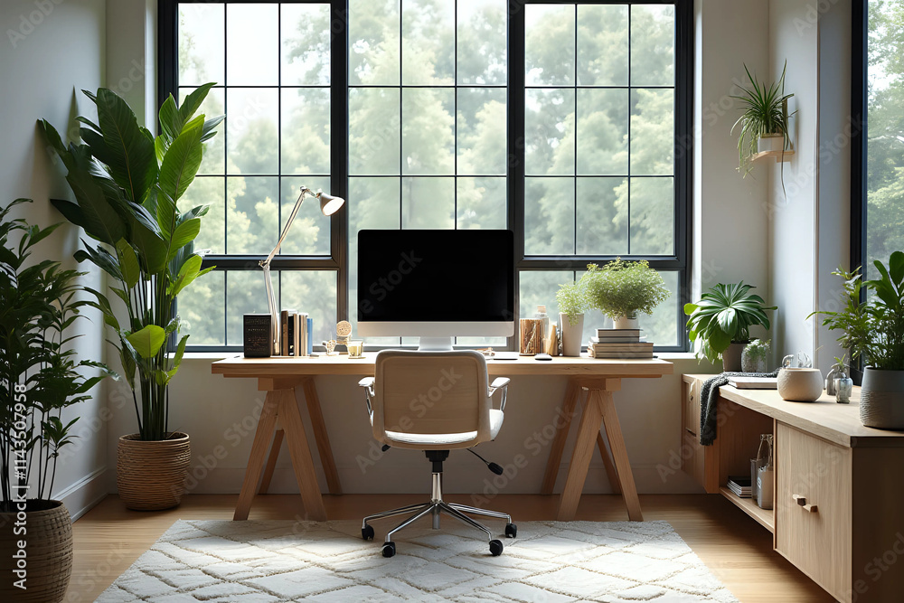 Modern home office with computer monitor on wooden desk paired with a comfortable chair, surrounded by large windows in room with natural light. A lush plant and home decor in workspace interior Modern home office with computer monitor on wooden desk paired with a comfortable chair, surrounded by large windows in room with natural light. A lush plant and home decor in workspace interior