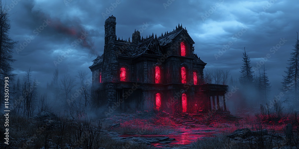 Obraz premium A haunting, dilapidated mansion with glowing red windows amidst a dark, eerie landscape.