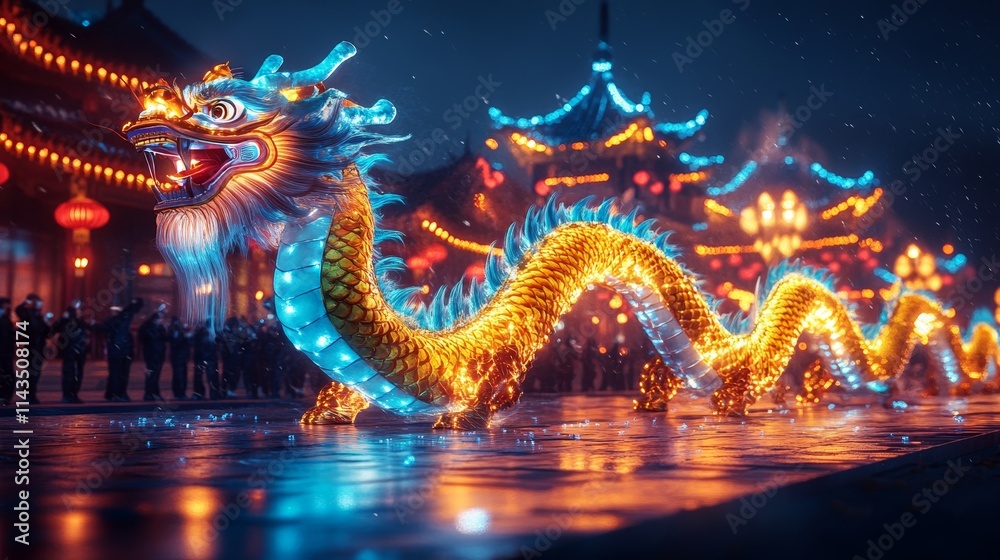 Obraz premium A vibrant dragon serpent illuminated at night during a traditional festival celebration.